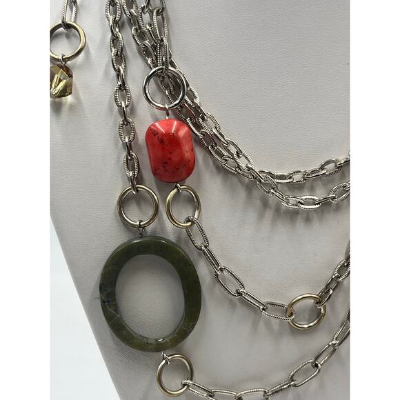 Emily Ray Boho Double Strand Stone Mixed Metal Chains Jade Green Coral Necklace - Picture 13 of 13